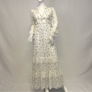 1970's/80's White & Floral-print Union-made‎ Prairie Dress